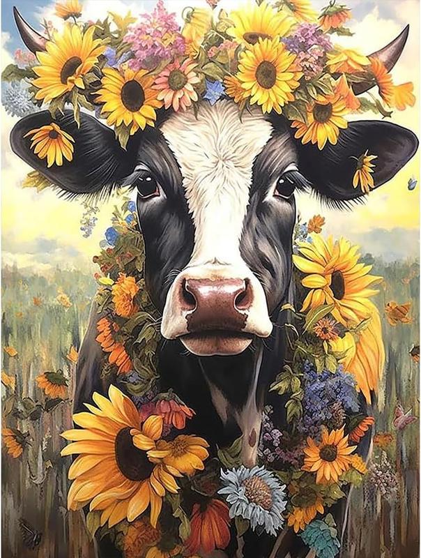 5D Cow Diamond Painting for Adults,Sunflowers Diamond Art Kits for Adults,DIY Round Full Drill Diamond Dots,Diamond Painting Kits for Adults,Crystal Art Flowers for Home Decor 12x16inch