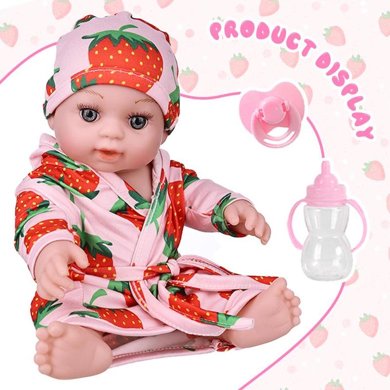 12 Inch Lifelike Newborn Doll with Strawberry Pattern Clothes, 1 Set Soft Squeezable Body Simulation Doll, Birthday Gift for Kids