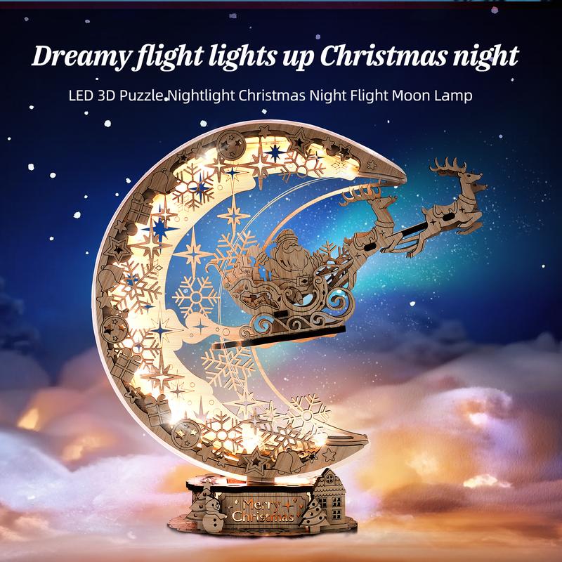 FUNPOLA LED 3D Puzzle Christmas Night Flight - Moon Lamp, Eco-Friendly Craftsmanship, Perfect Holiday Gift DIY Wooden Puzzle Set Christmas Decorations or Gift Santa Sleigh Design Family Fun