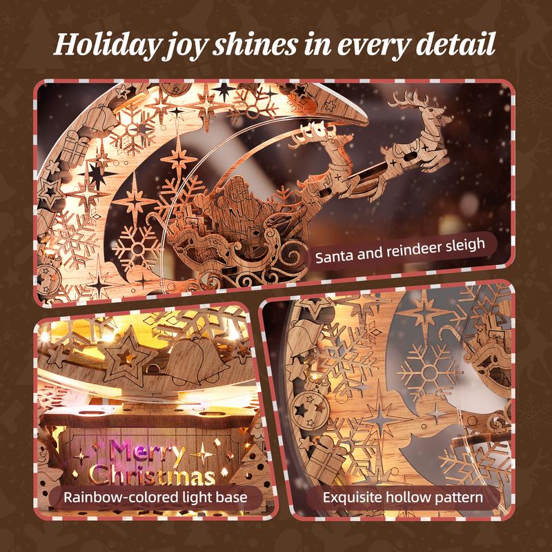 FUNPOLA LED 3D Puzzle Christmas Night Flight - Moon Lamp, Eco-Friendly Craftsmanship, Perfect Holiday Gift DIY Wooden Puzzle Set Christmas Decorations or Gift Santa Sleigh Design Family Fun