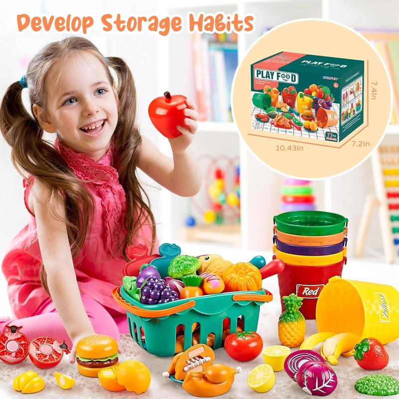 Play Food Sets for Kids Kitchen, 77Pc Color Sorting Toy Food with Storage Basket, Cutting Pretend Fake Food Kitchen Toys, Play Kitchen Accessories, Educational Toddler Gift 4-8 Learning Toys