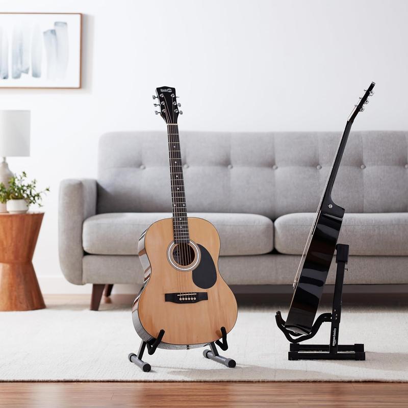 Adjustable Guitar Folding A-Shape Frame Stand for Acoustic and Electric Guitars with Non-Slip Rubber and Soft Foam Arms, Fully Assembled, Black