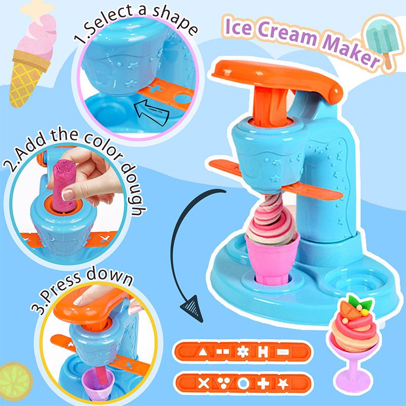 Crelloci 3 in 1 Deluxe Dough Kitchen Creations Set, Ice Cream Noodle Hamburger Maker Machine, Dough Tools Kit for Kids Ages 3+ 3-in-1 Color air dry Play Doh