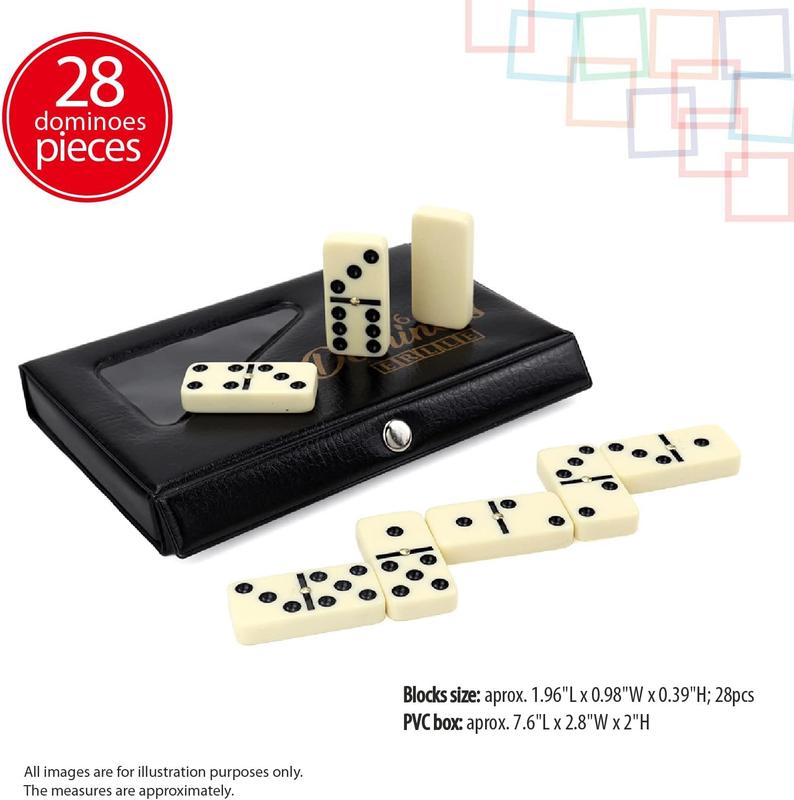 Dominos Set Game. Premium Classic 28 count Double Six Domino. Durable Leather Box. Kids, Boys, Girls, Party Favors and Anytime Use. Duoble 6 Dominoes.(PVC Edition)