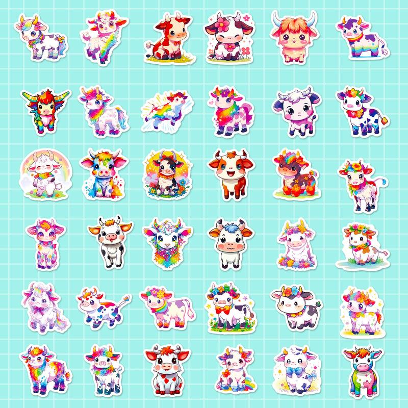 Cartoon Cow & Rainbow Pattern Sticker (100pcs), Cute Waterproof Decorative Stickers, DIY Decals for Water Bottle, Laptop, Phone Case, Scrapbooking, Journal Making