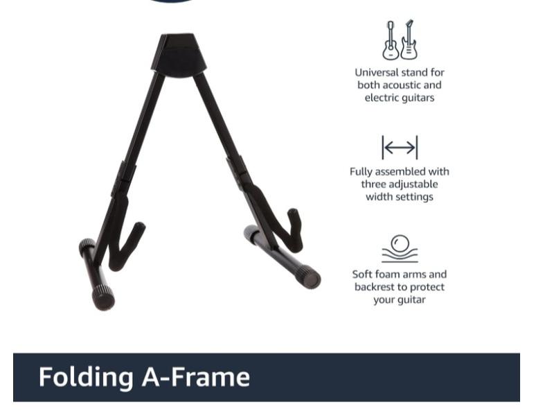 Adjustable Guitar Folding A-Shape Frame Stand for Acoustic and Electric Guitars with Non-Slip Rubber and Soft Foam Arms, Fully Assembled, Black