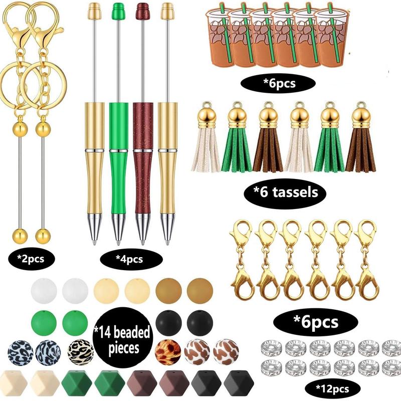 DIY Beading & Jewelry Making Kit, 2 Keychain & 4 Beading Pen & 14 Silicone Bead & 6 Milk Tea Pattern Accessories &12 Spacer & 6 Tassel & 6 Lobster Clasp, Jewelry Making Supplies