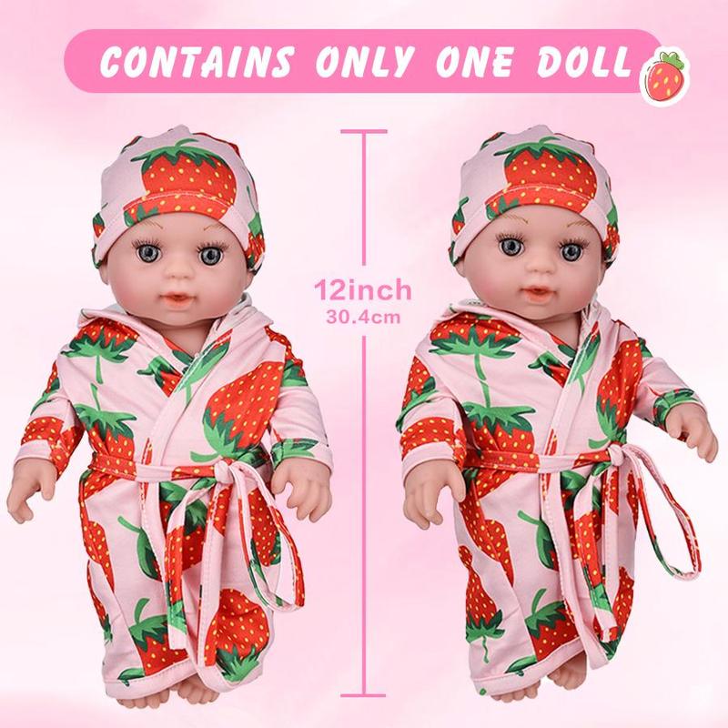 12 Inch Lifelike Newborn Doll with Strawberry Pattern Clothes, 1 Set Soft Squeezable Body Simulation Doll, Birthday Gift for Kids