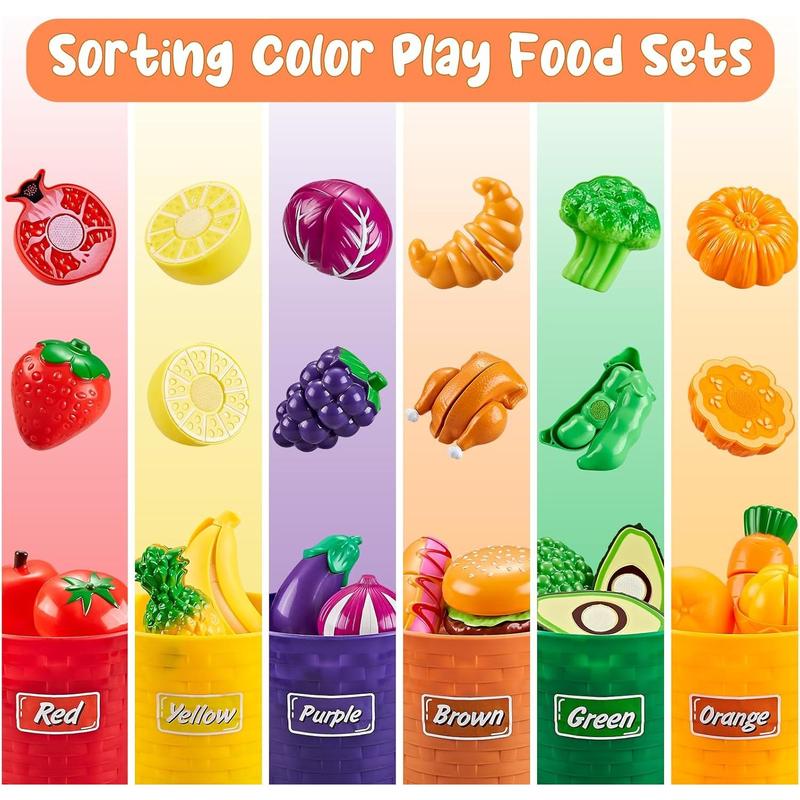 Play Food Sets for Kids Kitchen, 77Pc Color Sorting Toy Food with Storage Basket, Cutting Pretend Fake Food Kitchen Toys, Play Kitchen Accessories, Educational Toddler Gift 4-8 Learning Toys