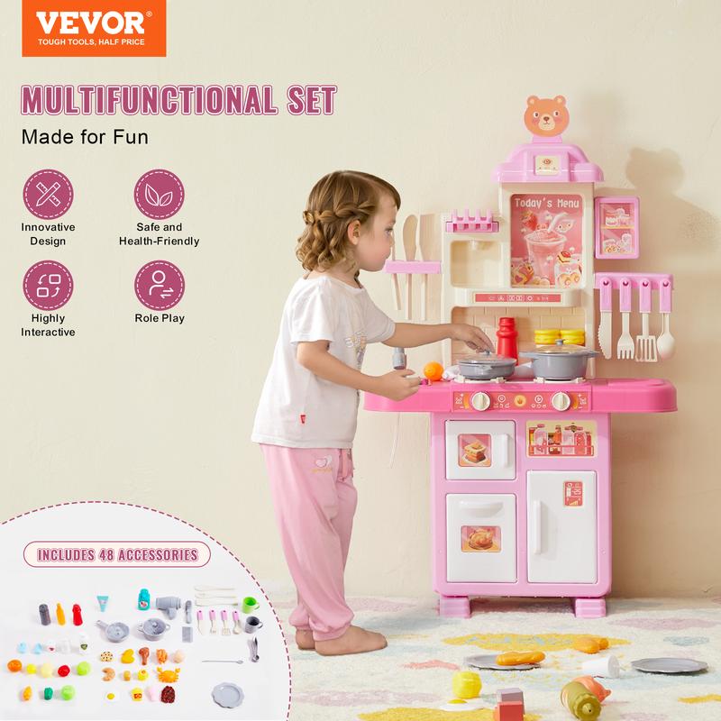 VEVOR Kids Kitchen Playset, Toddler Kitchen with Cooking Stove with Steam, Sounds and Lights, Play Kitchen Set with 48 PCS Cooking Accessory Set for Toddlers, Preschoolers, Children Ages 3-5, Pink