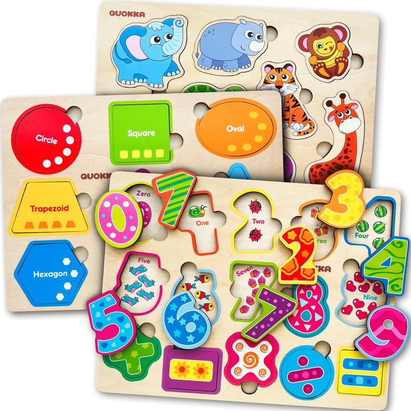 QUOKKA 3 Set Wooden Puzzles for Toddlers | Shapes, Numbers & Animals