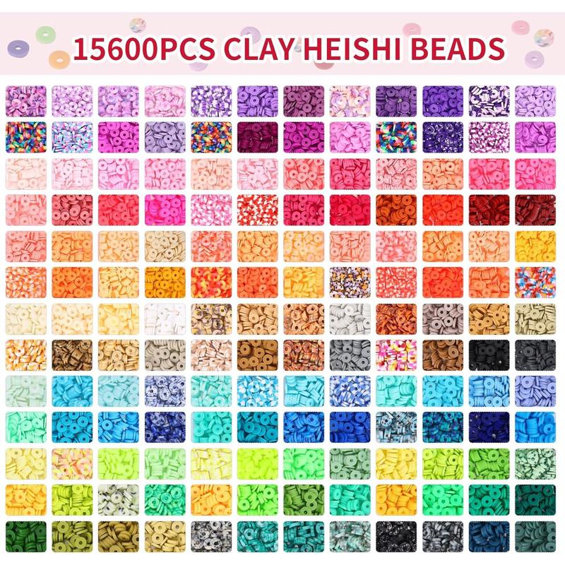 15600 count Clay Beads Bracelet Making Kit, 156 Colors Polymer Beads Spacer Heishi Beads, Flat Preppy Beads for  Making Kit with Charms, DIY Crafts Gift