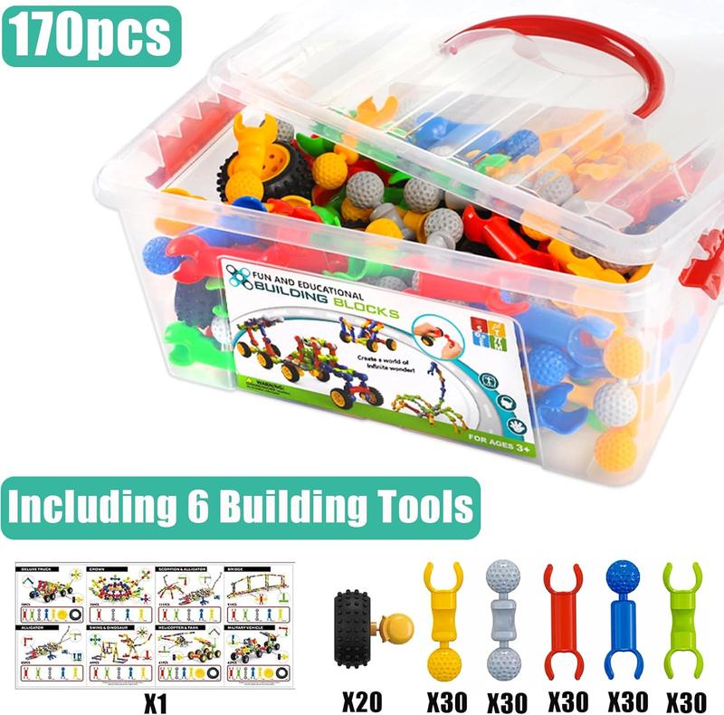 170 count STEM Building Toys for Kids Ages 4-8, Building Blocks Educational Construction Engineering Building Kit for Ages 3 4 5 6 7 8 9 Year Old Creative Kids Games, Christmas Birthday Gifts Boys Girls