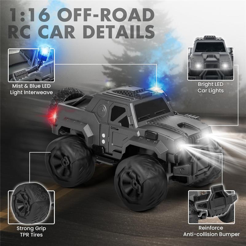 Remote Control Off-Road Climbing Car with Lights and Spray 2.4G Remote Control High-Speed 10 km h,120 Mins Playtime 1: 16 Remote Control Car Toy