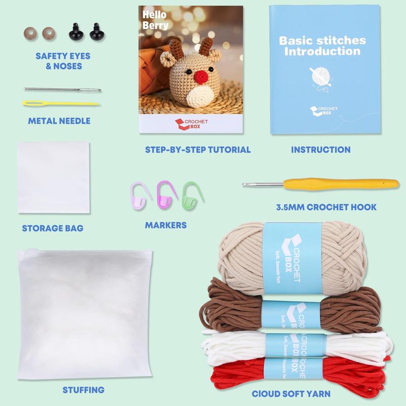 Christmas Reindeer Crochet Starter Kit, Knitting Tools, Polyester Yarn, Stuffed Filler, Needle, Plastic Eyes, Marker Buckle, PDF Instruction & Video Tutorial