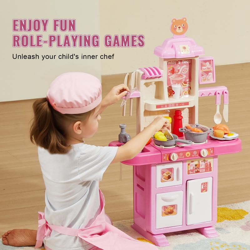 VEVOR Kids Kitchen Playset, Toddler Kitchen with Cooking Stove with Steam, Sounds and Lights, Play Kitchen Set with 48 PCS Cooking Accessory Set for Toddlers, Preschoolers, Children Ages 3-5, Pink