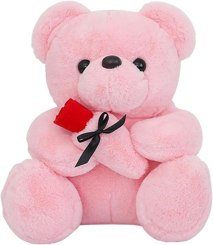 12 inch Teddy Bear Stuffed Animal with Rose, Soft Cuddly Stuffed Plush Bear, Gifts for Kids Baby Toddlers on Baby Shower, Valentine's Day (Pink)