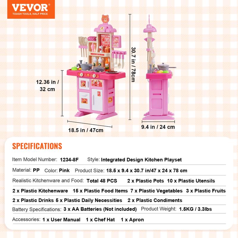 VEVOR Kids Kitchen Playset, Toddler Kitchen with Cooking Stove with Steam, Sounds and Lights, Play Kitchen Set with 48 PCS Cooking Accessory Set for Toddlers, Preschoolers, Children Ages 3-5, Pink