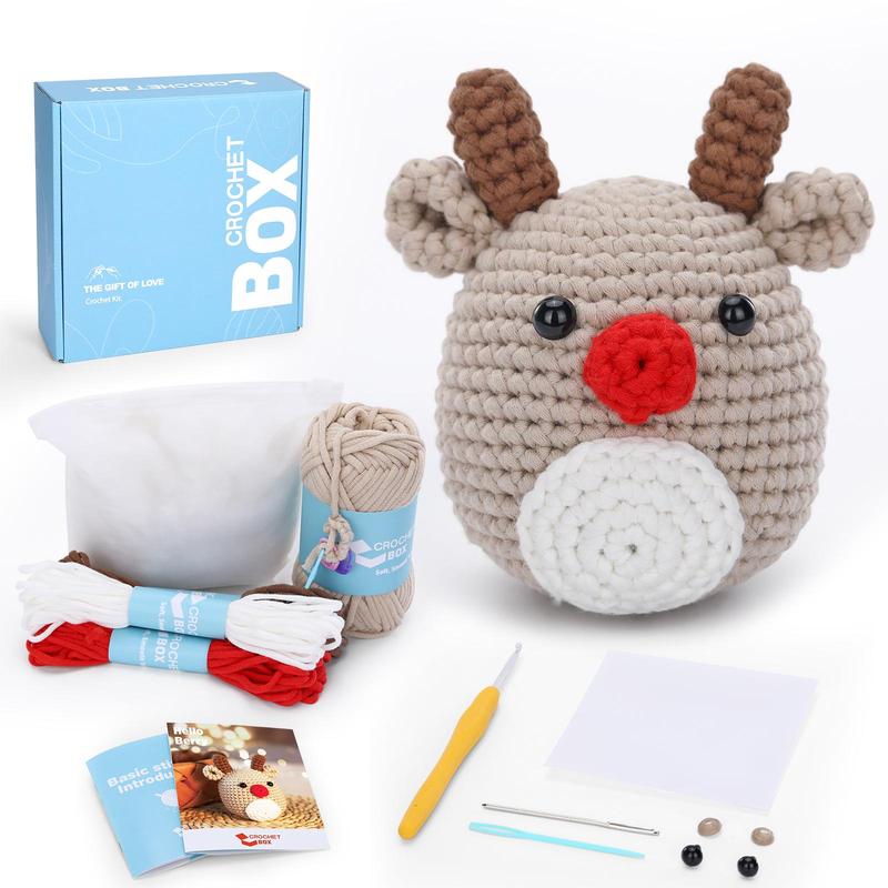 Christmas Reindeer Crochet Starter Kit, Knitting Tools, Polyester Yarn, Stuffed Filler, Needle, Plastic Eyes, Marker Buckle, PDF Instruction & Video Tutorial