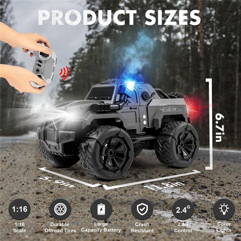 Remote Control Off-Road Climbing Car with Lights and Spray 2.4G Remote Control High-Speed 10 km h,120 Mins Playtime 1: 16 Remote Control Car Toy