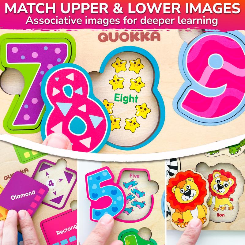 QUOKKA 3 Set Wooden Puzzles for Toddlers | Shapes, Numbers & Animals