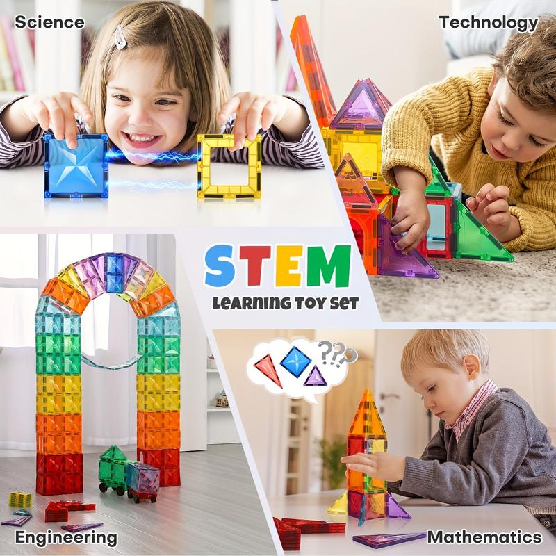 80 102 120PCS Deluxe Magnetic Tiles With 2 Cars Toy Set, 3D Diamond Magnet Tiles Building Blocks, Toys For 3 - 8 Years, STEM Preschool Kids Sensory Educational Toys Gift For Boys Girls