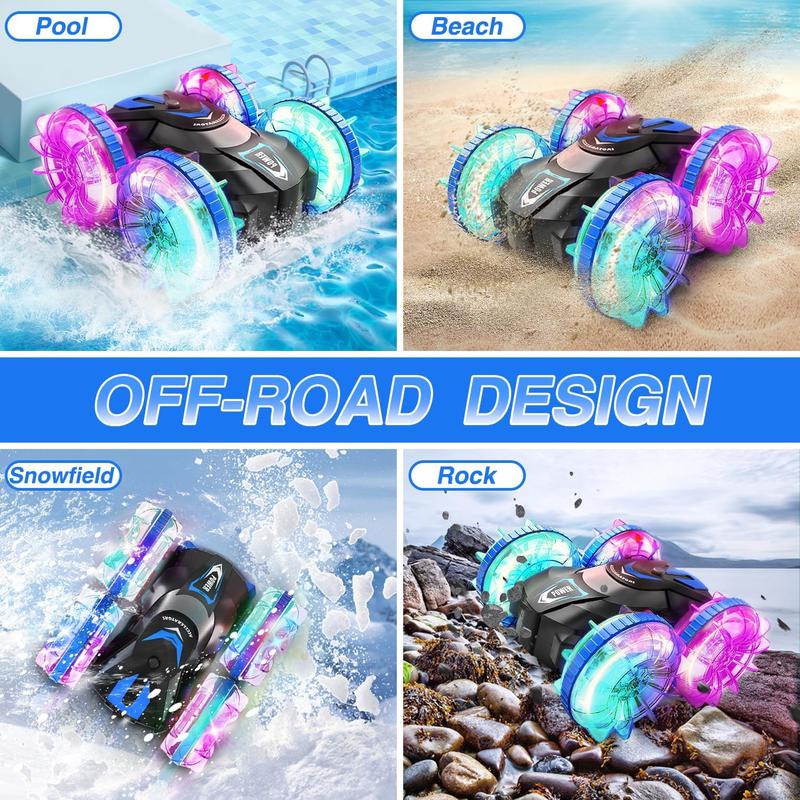 Dual Remote Control Amphibious Toy Car, 2.4g Four-wheel Off-road Vehicle with Music & Light, 360° Rotating Stunt Car, Mother's Day Gift (remote Control Requires Self-purchased 2 AA Batteries, Watch Remote Control Requires 2 AAA Batteries Self-purchased)