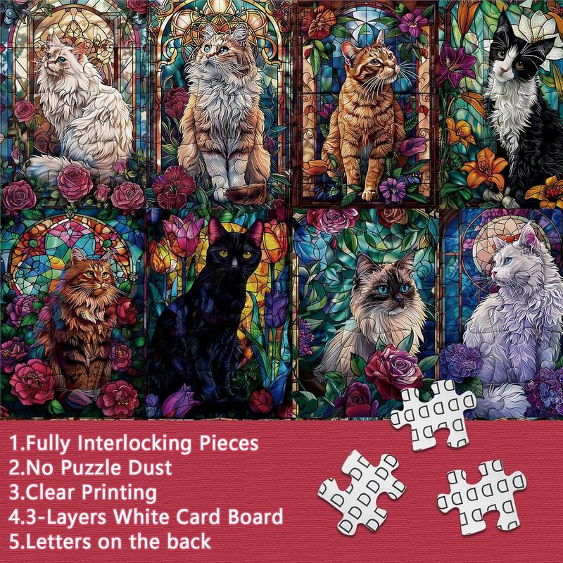 BUHAH Stained Glass Cat Puzzles for Adults 1000 count Colorful Flower Art Jigsaw Puzzles Animal Collage Plant Floral for Decoration