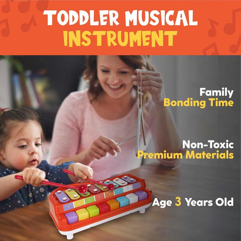 Toysery 2 in 1 Baby Piano Xylophone for Toddlers. Piano Toy Musical Instrument with 8 Multicolored Key Scales in Crisp and Clear Tones. Mallet Included. Ages 3 Years and Above.