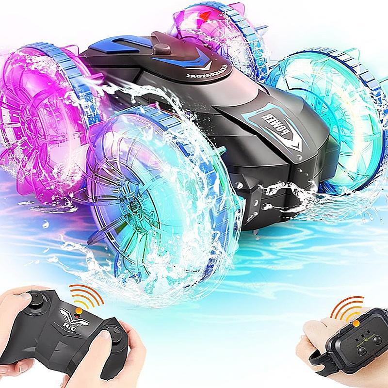 Dual Remote Control Amphibious Toy Car, 2.4g Four-wheel Off-road Vehicle with Music & Light, 360° Rotating Stunt Car, Mother's Day Gift (remote Control Requires Self-purchased 2 AA Batteries, Watch Remote Control Requires 2 AAA Batteries Self-purchased)