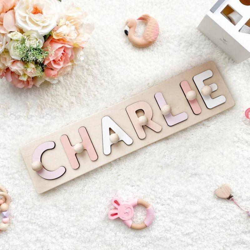 Pink Cute Name Puzzle Personalized, First Birthday Keepsake Gift, Wooden Montessori Sensory Busy Board