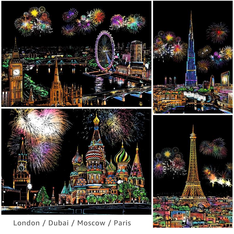 Scratch & Sketch Art for Kids & Adults, Rainbow Painting Night View Scratchboard(A4), Art & Craft, 4 Sheets Scratch Cards & Drawing Pen, Clean Brush