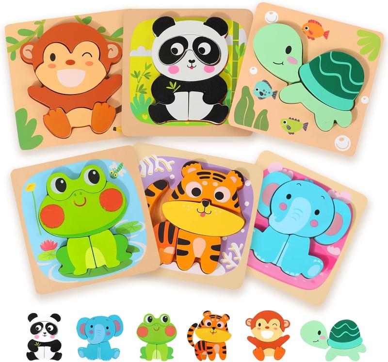 Wooden Puzzles for Toddlers 2-4, 6 Pack Animal Shape Puzzle Montessori Toys for 1 2 3 Year Old, Educational Learning Toys for Girls Boys