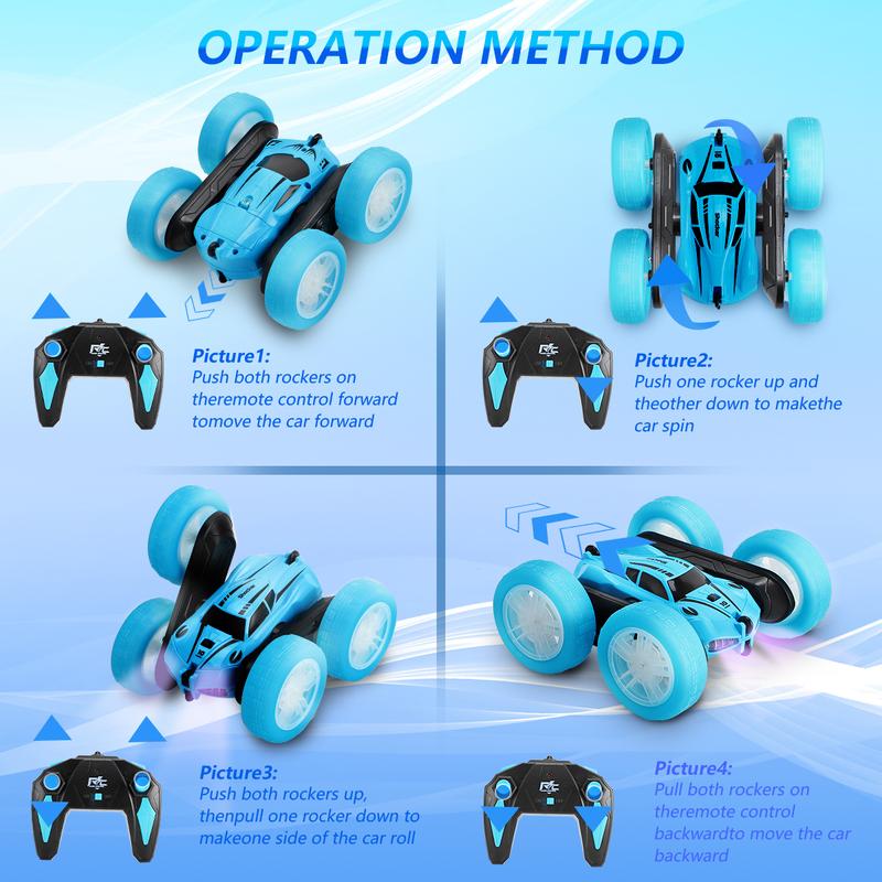 Remote Control Car RC Cars with Sides Light Strip and Headlights Double Sided 360 Flips Rotating RC Stunt Car,2.4Ghz All Terrain Toys for Kids Toy for Boys Girls Birthday Gift(Blue)