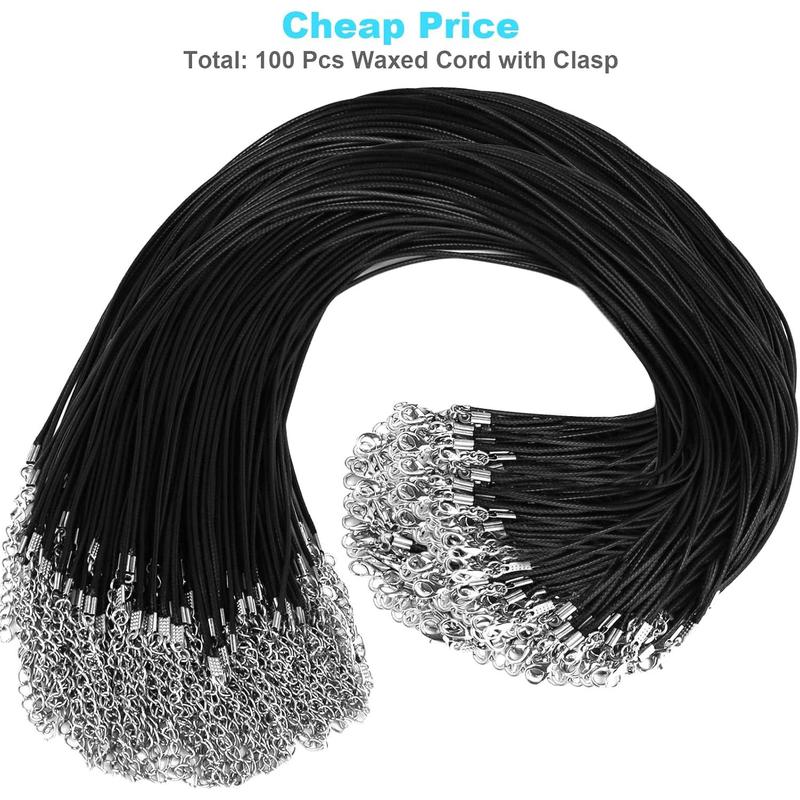 100PCs premium leather necklace chains bracelet cord with clasps for pendants, bulk waxed rope string, black, 18 