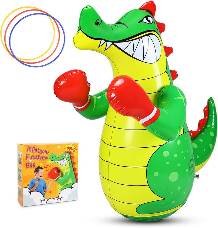 Inflatable Punching Bag for Kids, Bop Bag Inflatable Punching Toy, Inflatable Crocodile with Instant Bounce Back Movement, Ring Toss Fun, Throwing Game for Kids (47 Height)