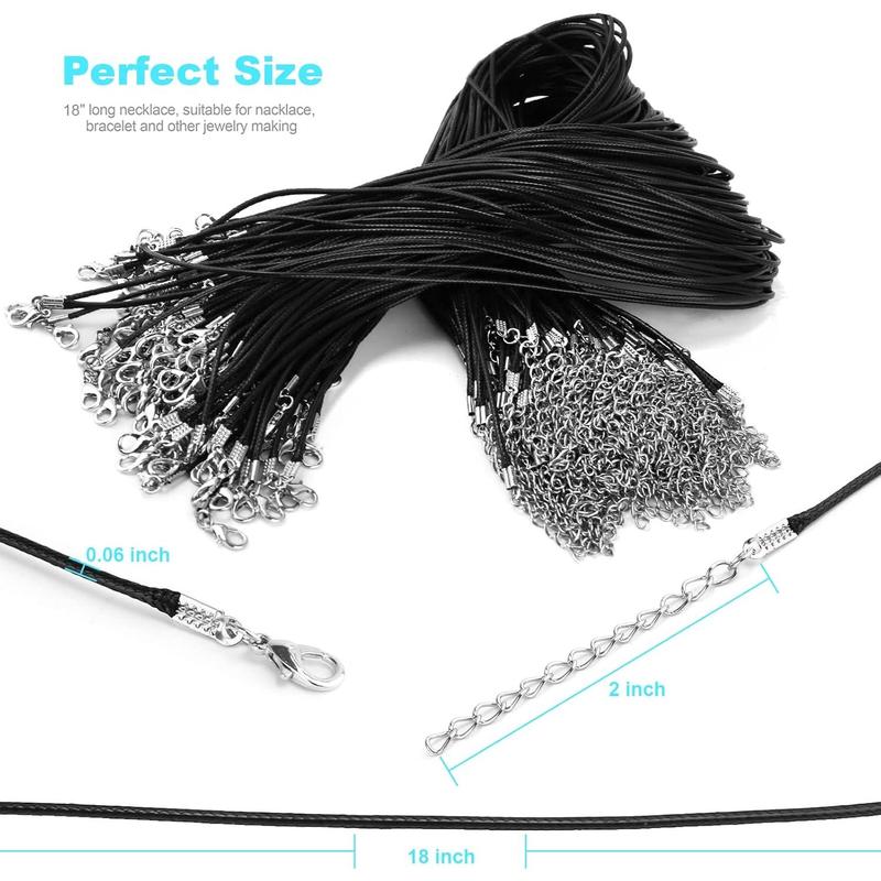 100PCs premium leather necklace chains bracelet cord with clasps for pendants, bulk waxed rope string, black, 18 