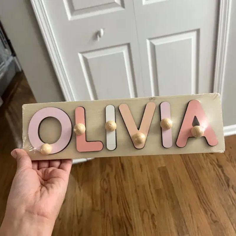 Pink Cute Name Puzzle Personalized, First Birthday Keepsake Gift, Wooden Montessori Sensory Busy Board