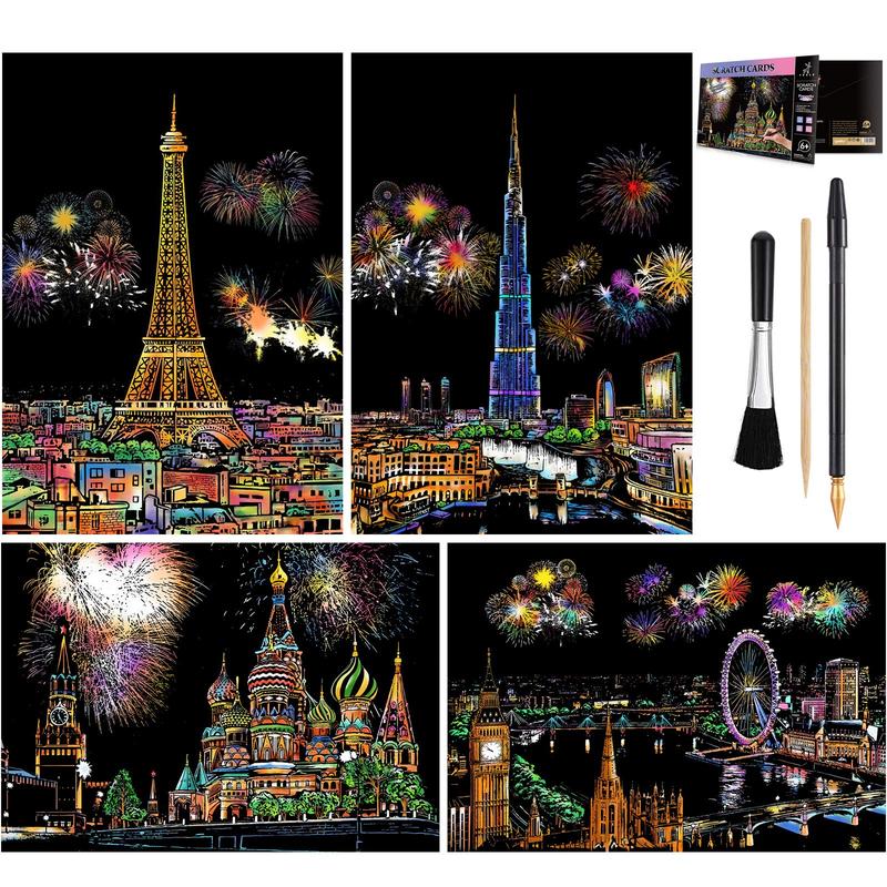 Scratch & Sketch Art for Kids & Adults, Rainbow Painting Night View Scratchboard(A4), Art & Craft, 4 Sheets Scratch Cards & Drawing Pen, Clean Brush