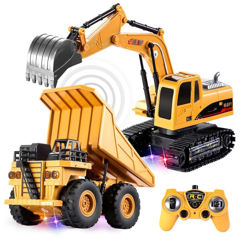 Remote Control Engineering Vehicle Toy, 1 Set Rechargeable Friction Drive Alloy Dump Truck & Remote Control Excavator, Birthday Gift