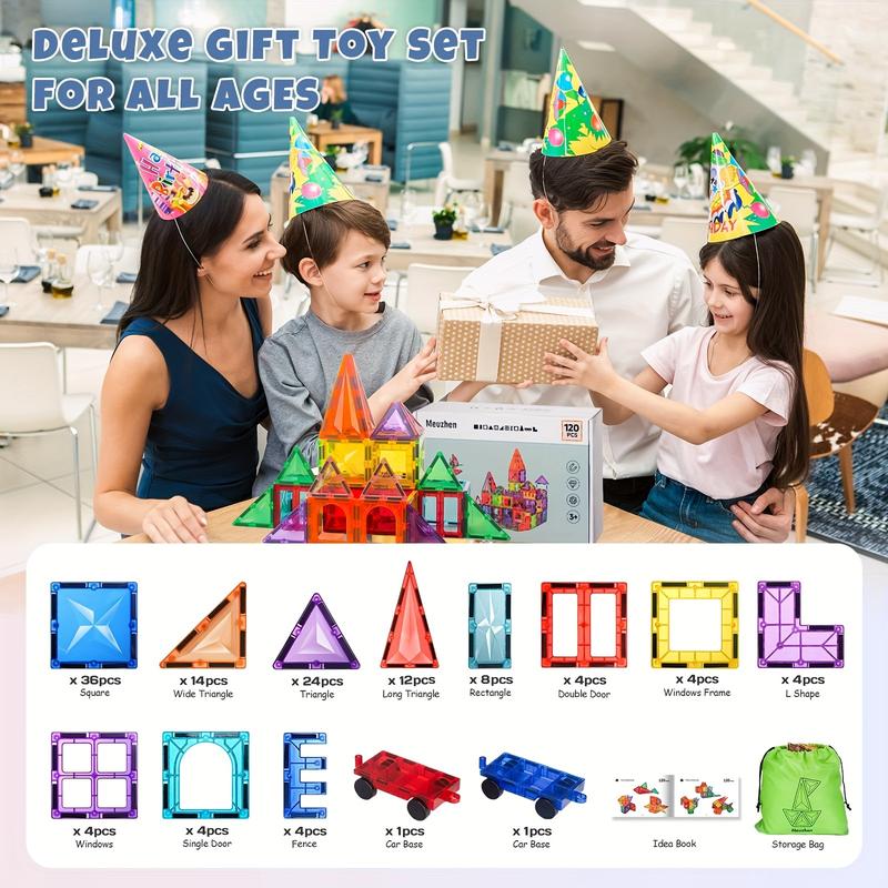 80 102 120PCS Deluxe Magnetic Tiles With 2 Cars Toy Set, 3D Diamond Magnet Tiles Building Blocks, Toys For 3 - 8 Years, STEM Preschool Kids Sensory Educational Toys Gift For Boys Girls