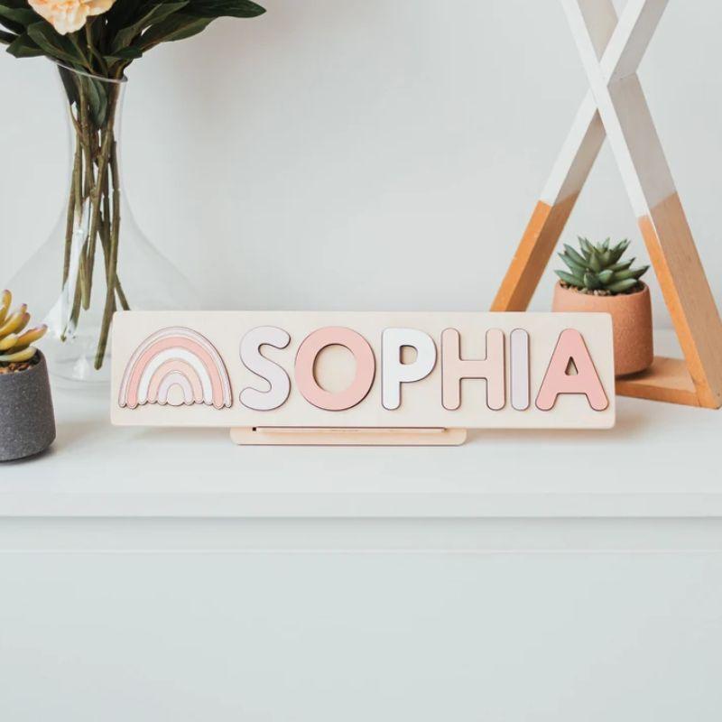 Pink Cute Name Puzzle Personalized, First Birthday Keepsake Gift, Wooden Montessori Sensory Busy Board