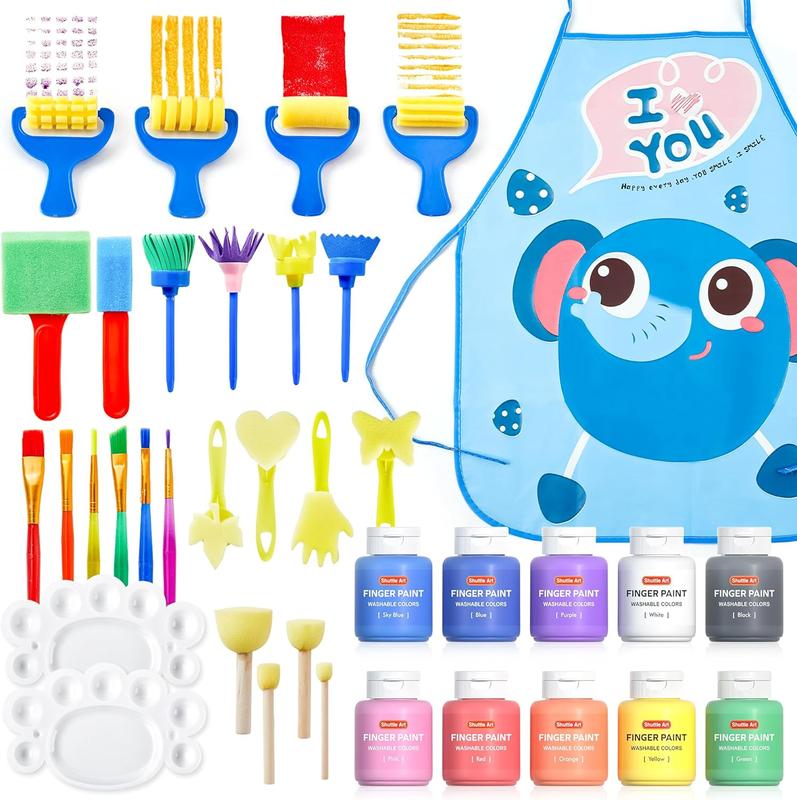 Shuttle Art Washable Finger Paints Set with 10 Colours (60ml) - Non Toxic Educational Painting Set with Brushes, Sponges, and Paint Pad