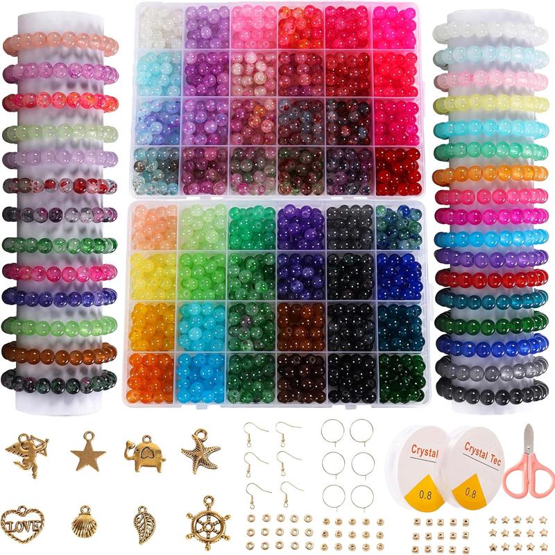 Glass Beads for  Making, 1280 count + 8mm 48 Colors Round Crystal Glass Beads Bracelet Making Kit, Bead Starter Kit for Christmas Holiday Gifts