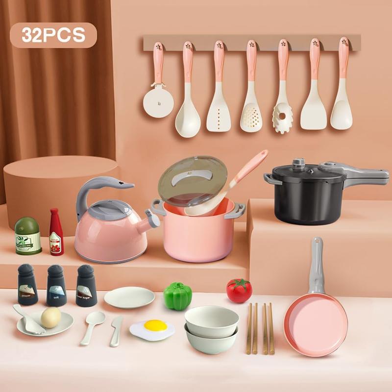 Chrismas 32Pcs Kids Play Kitchen Toys Set, Toddlers Pretend Cooking Playset Acccessories with Pots Pans, Utensils Cookware, Foods, Canned Veges, Learning Gift for Kids Girls Boys (Pink)