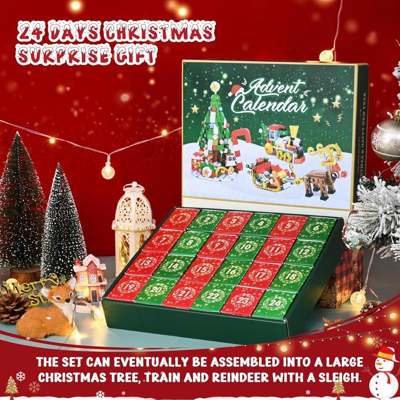 Advent Calendar 2024 , 604 PCS Christmas Building Blocks Set 24 Days Daily Surprise Countdown Gift Box Christmas Tree Train Reindeer Block Xmas Gift for Teen Boys Girls Advent Calendars