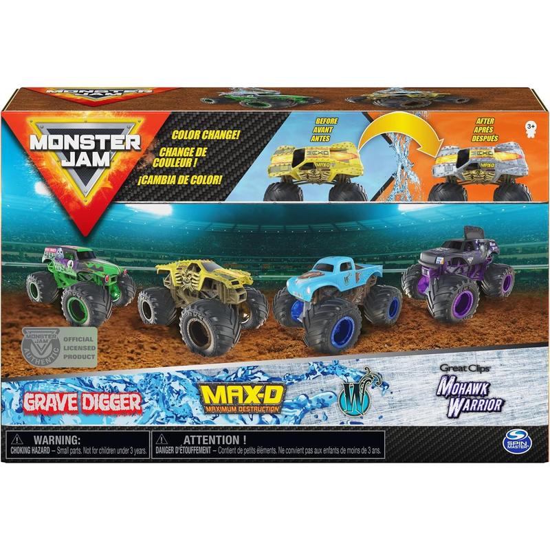 Monster Jam, Official Reveal The Steel 4-Pack of Color-Changing Die-Cast Monster Trucks, 1:64 Scale