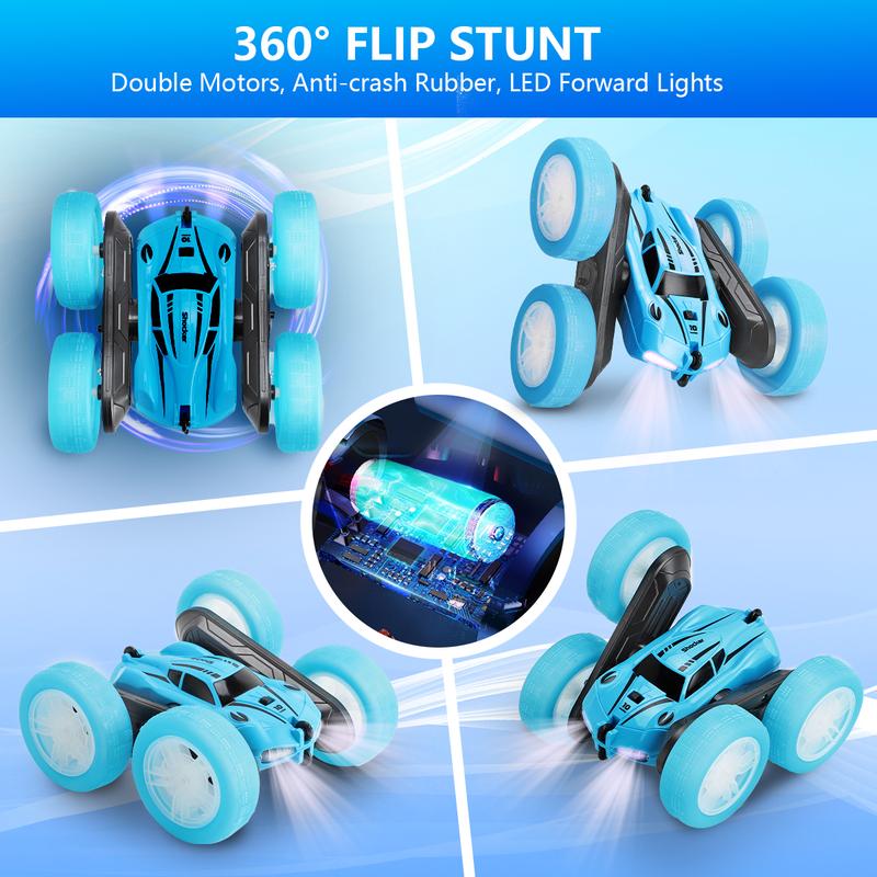 Remote Control Car RC Cars with Sides Light Strip and Headlights Double Sided 360 Flips Rotating RC Stunt Car,2.4Ghz All Terrain Toys for Kids Toy for Boys Girls Birthday Gift(Blue)