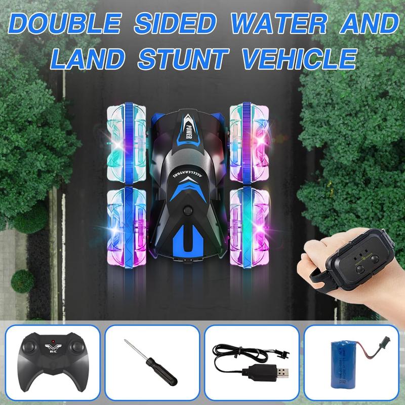 Dual Remote Control Amphibious Toy Car, 2.4g Four-wheel Off-road Vehicle with Music & Light, 360° Rotating Stunt Car, Mother's Day Gift (remote Control Requires Self-purchased 2 AA Batteries, Watch Remote Control Requires 2 AAA Batteries Self-purchased)