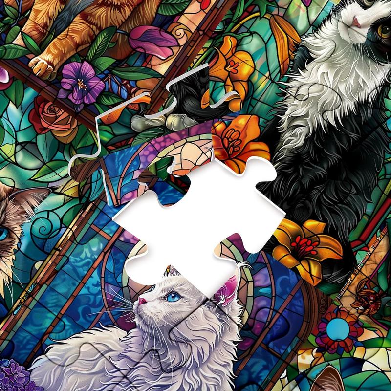 BUHAH Stained Glass Cat Puzzles for Adults 1000 count Colorful Flower Art Jigsaw Puzzles Animal Collage Plant Floral for Decoration